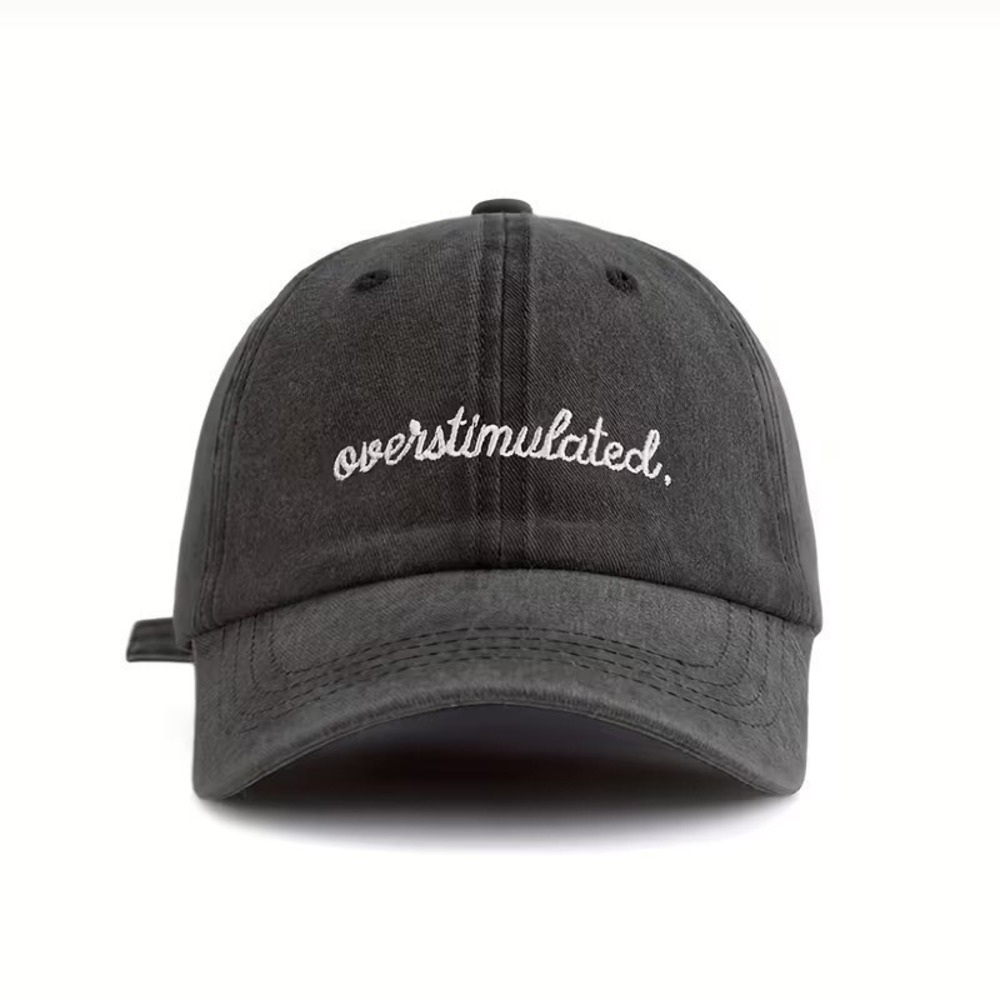 Womens Overstimulated Embroidered Baseball Cap Washed Black Casual‎ Dad Hat